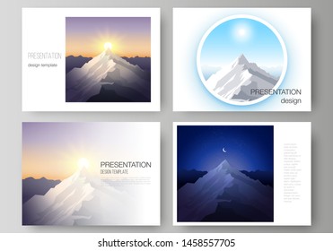 The minimalistic abstract vector illustration layout of the presentation slides design business templates. Mountain illustration, outdoor adventure. Travel concept background. Flat design vector.