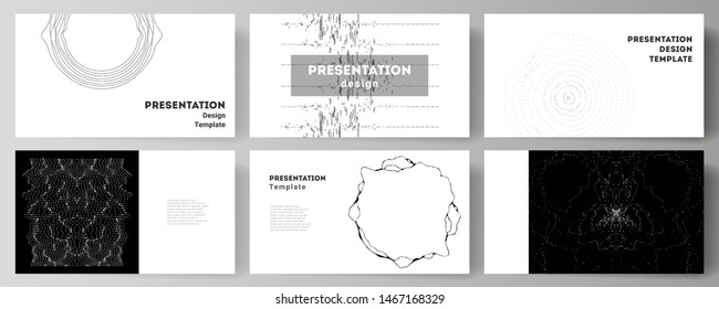 The minimalistic abstract vector illustration layout of the presentation slides design business templates. Trendy modern science or technology background with dynamic particles. Cyberspace grid.