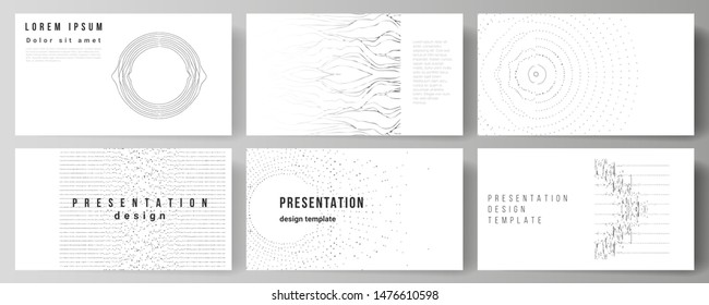 The minimalistic abstract vector illustration layout of the presentation slides design business templates. Trendy modern science or technology background with dynamic particles. Cyberspace grid.