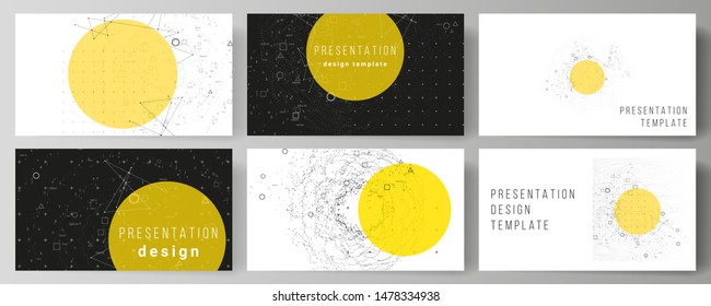 The minimalistic abstract vector illustration layout of the presentation slides design business templates. Science or technology 3d background with dynamic particles. Chemistry and science concept.