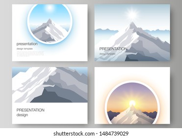 The minimalistic abstract vector illustration layout of the presentation slides design business templates. Mountain illustration, outdoor adventure. Travel concept background. Flat design vector.