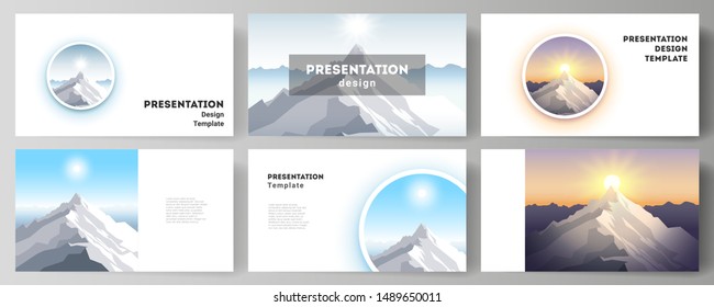 The minimalistic abstract vector illustration layout of the presentation slides design business templates. Mountain illustration, outdoor adventure. Travel concept background. Flat design vector.