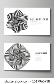 The minimalistic abstract vector illustration layout of two creative business cards design templates. Abstract 3D geometrical background with optical illusion black and white design pattern.
