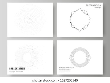 The minimalistic abstract vector illustration layout of the presentation slides design business templates. Trendy modern science or technology background with dynamic particles. Cyberspace grid.