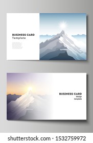 The minimalistic abstract vector illustration layout of two creative business cards design templates. Mountain illustration, outdoor adventure. Travel concept background. Flat design vector.