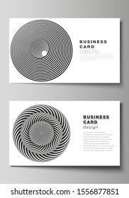 The minimalistic abstract vector illustration layout of two creative business cards design templates. Abstract 3D geometrical background with optical illusion black and white design pattern.