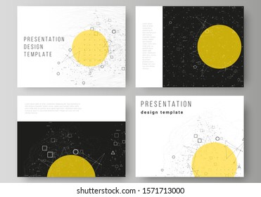 The minimalistic abstract vector illustration layout of the presentation slides design business templates. Science or technology 3d background with dynamic particles. Chemistry and science concept.