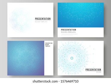 The minimalistic abstract vector illustration layout of the presentation slides design business templates. Big Data Visualization, geometric communication background with connected lines and dots.