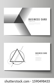 The minimalistic abstract vector illustration layout of two creative business cards design templates. Abstract geometric triangle design background using different triangular style patterns.