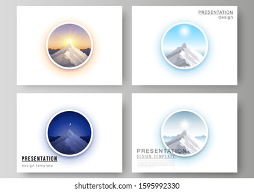 The minimalistic abstract vector illustration layout of the presentation slides design business templates. Mountain illustration, outdoor adventure. Travel concept background. Flat design vector.