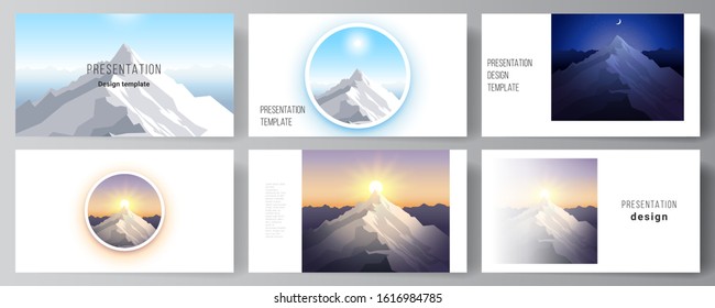 The minimalistic abstract vector illustration layout of the presentation slides design business templates. Mountain illustration, outdoor adventure. Travel concept background. Flat design vector.