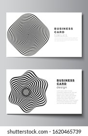 The minimalistic abstract vector illustration layout of two creative business cards design templates. Abstract 3D geometrical background with optical illusion black and white design pattern.