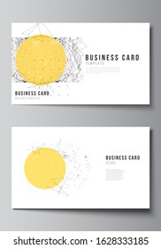 The minimalistic abstract vector illustration layout of two creative business cards design templates. Science or technology 3d background with dynamic particles. Chemistry and science concept.