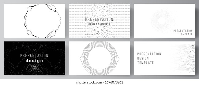 The minimalistic abstract vector illustration layout of the presentation slides design business templates. Trendy modern science or technology background with dynamic particles. Cyberspace grid.