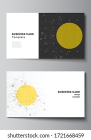 The minimalistic abstract vector illustration layout of two creative business cards design templates. Science or technology 3d background with dynamic particles. Chemistry and science concept