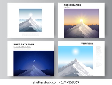 The minimalistic abstract vector illustration layout of the presentation slides design business templates. Mountain illustration, outdoor adventure. Travel concept background. Flat design vector.