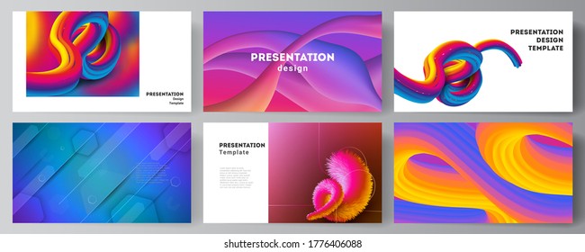 Das minimalistische abstrakte Vektorgrafik-Layout der Präsentation Dias Design Business Templates. Futuristische Technologie-Design, bunter Hintergrund mit Zusammensetzung aus flüssigen Farbverlauf-Formen