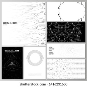 The minimalistic abstract vector illustration layouts of modern social network mockups in popular formats. Trendy modern science or technology background with dynamic particles. Cyberspace grid.