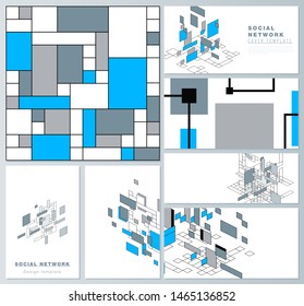 The minimalistic abstract vector illustration layouts of modern social network mockups in popular formats. Abstract polygonal background, colorful mosaic pattern, retro bauhaus de stijl design.