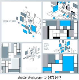 The minimalistic abstract vector illustration layouts of modern social network mockups in popular formats. Abstract polygonal background, colorful mosaic pattern, retro bauhaus de stijl design.