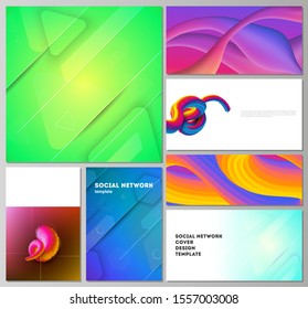 The minimalistic abstract vector illustration layouts of modern social network mockups in popular formats. Futuristic technology design, colorful backgrounds with fluid gradient shapes composition.