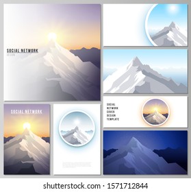 The minimalistic abstract vector illustration layouts of modern social network mockups in popular formats. Mountain illustration, outdoor adventure. Travel concept background. Flat design vector.