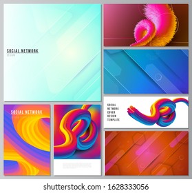 The minimalistic abstract vector illustration layouts of modern social network mockups in popular formats. Futuristic technology design, colorful backgrounds with fluid gradient shapes composition.