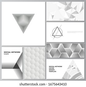 The minimalistic abstract vector illustration layouts of modern social network mockups in popular formats. Abstract geometric triangle design background using different triangular style patterns.
