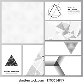 The minimalistic abstract vector illustration layouts of modern social network mockups in popular formats. Abstract geometric triangle design background using different triangular style patterns.