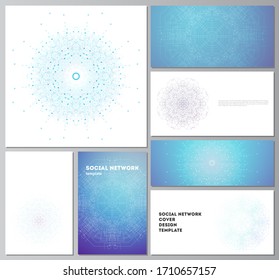 The minimalistic abstract vector illustration layouts of modern social network mockups in popular formats. Big Data Visualization, geometric communication background with connected lines and dots.