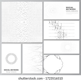 The minimalistic abstract vector illustration layouts of modern social network mockups in popular formats. Trendy modern science or technology background with dynamic particles. Cyberspace grid.