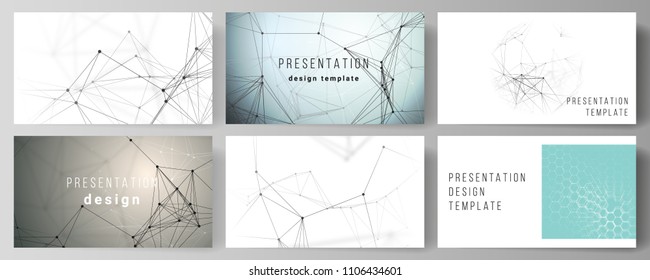 O layout vetorial abstrato minimalista dos slides de apresentação projetam modelos de negócios. Tecnologia, ciência, conceito médico. Estrutura molécula, linhas de conexão e pontos. Fundo futurista