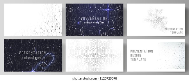 The minimalistic abstract vector layout of the presentation slides design business templates. Binary code background. AI, big data, coding or hacker concept, digital technology background.