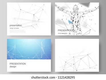 The minimalistic abstract vector layout of the presentation slides design business templates. Technology, science, medical concept. Molecule structure, connecting lines and dots. Futuristic background