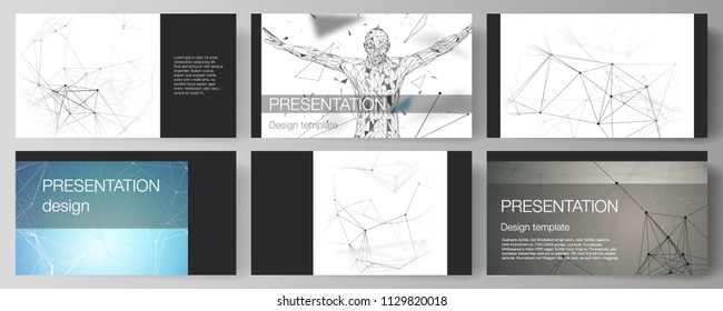 The minimalistic abstract vector layout of the presentation slides design business templates. Technology, science, medical concept. Molecule structure, connecting lines and dots. Futuristic background