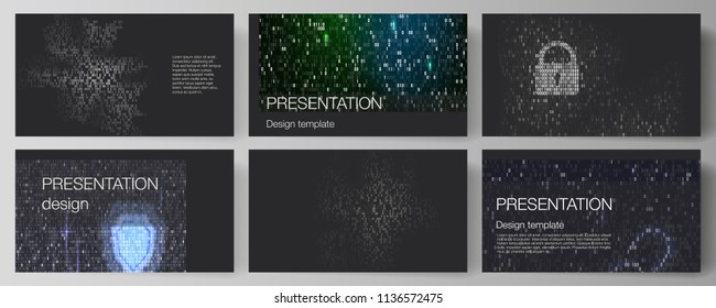 The minimalistic abstract vector layout of the presentation slides design business templates. Binary code background. AI, big data, coding or hacker concept, digital technology background.