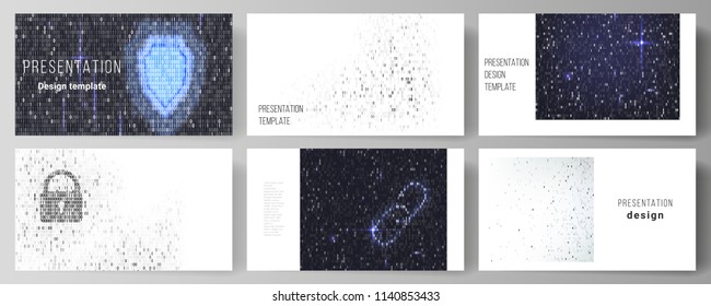 The minimalistic abstract vector layout of the presentation slides design business templates. Binary code background. AI, big data, coding or hacker concept, digital technology background.