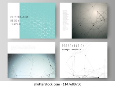 The minimalistic abstract vector layout of the presentation slides design business templates. Technology, science, medical concept. Molecule structure, connecting lines and dots. Futuristic background