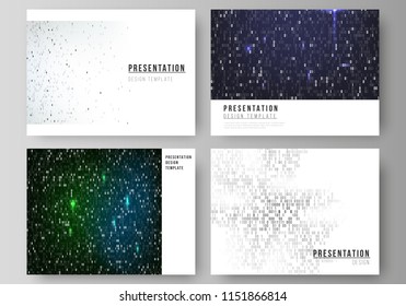 The minimalistic abstract vector layout of the presentation slides design business templates. Binary code background. AI, big data, coding or hacker concept, digital technology background