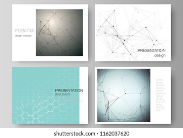 The minimalistic abstract vector layout of the presentation slides design business templates. Technology, science, medical concept. Molecule structure, connecting lines and dots. Futuristic background