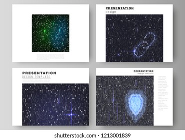 The minimalistic abstract vector layout of the presentation slides design business templates. Binary code background. AI, big data, coding or hacker concept, digital technology background.