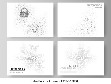 The minimalistic abstract vector layout of the presentation slides design business templates. Binary code background. AI, big data, coding or hacker concept, digital technology background.