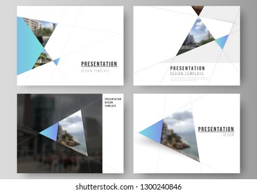 The minimalistic abstract vector layout of the presentation slides design business templates. Creative modern background with blue triangles and triangular shapes. Simple design decoration.