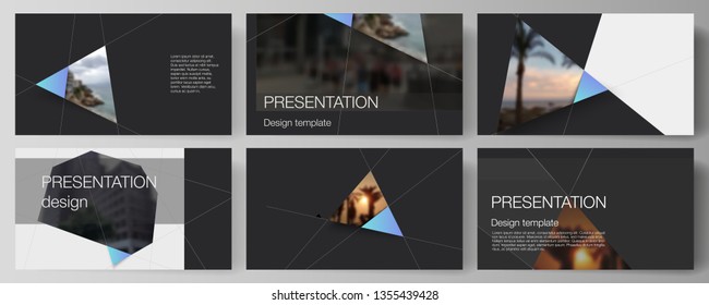 The minimalistic abstract vector layout of the presentation slides design business templates. Creative modern background with blue triangles and triangular shapes. Simple design decoration.