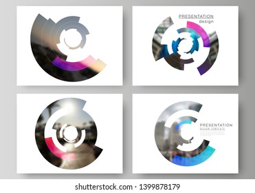 The minimalistic abstract vector layout of the presentation slides design business templates. Futuristic design circular pattern, circle elements forming geometric frame for photo.