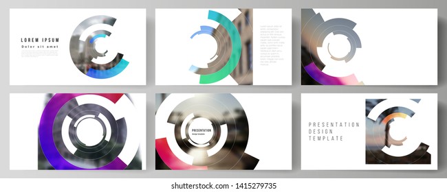 The minimalistic abstract vector layout of the presentation slides design business templates. Futuristic design circular pattern, circle elements forming geometric frame for photo.