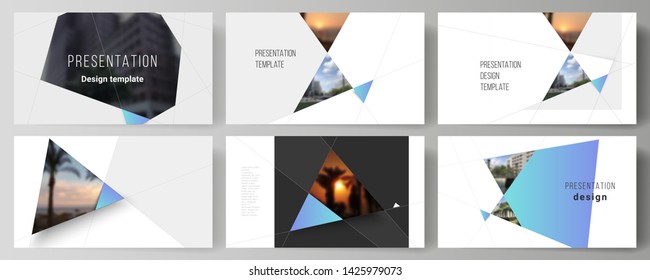 The minimalistic abstract vector layout of the presentation slides design business templates. Creative modern background with blue triangles and triangular shapes. Simple design decoration.