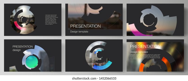 The minimalistic abstract vector layout of the presentation slides design business templates. Futuristic design circular pattern, circle elements forming geometric frame for photo.