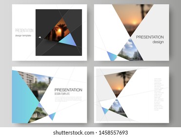 The minimalistic abstract vector layout of the presentation slides design business templates. Creative modern background with blue triangles and triangular shapes. Simple design decoration.