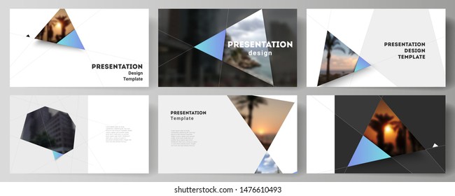 The minimalistic abstract vector layout of the presentation slides design business templates. Creative modern background with blue triangles and triangular shapes. Simple design decoration.